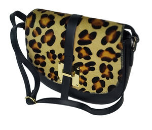 Charlie Leather Mack Black & Leopard Small Half Moon Crossbody/Shoulder Bag-NWT